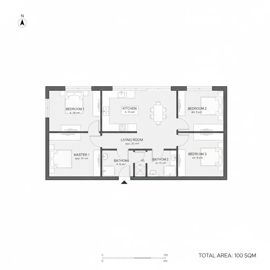 Detailed 2D room layout of a three bedroom apartment including kitchen living room and bathrooms
