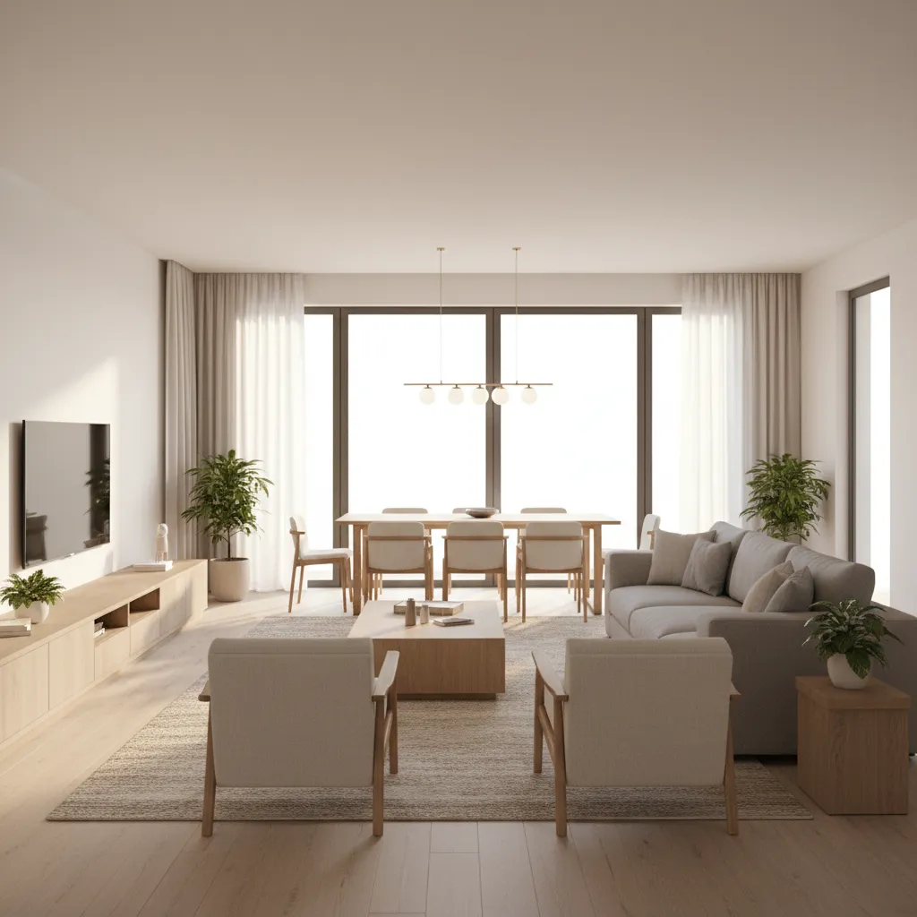 Modern open living room with grey sofa two armchairs wooden table dining set and windows