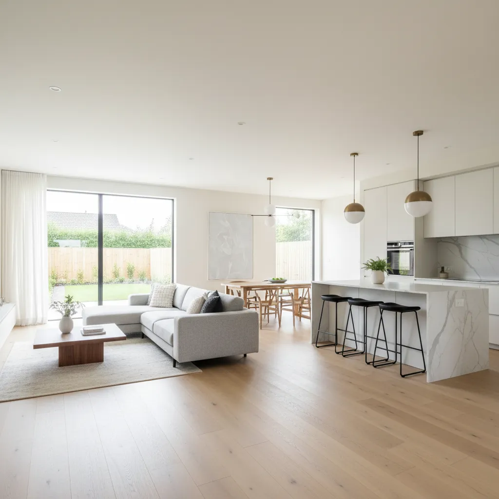 Modern open-plan living area showing grey sofa marble island black stools and large glass windows