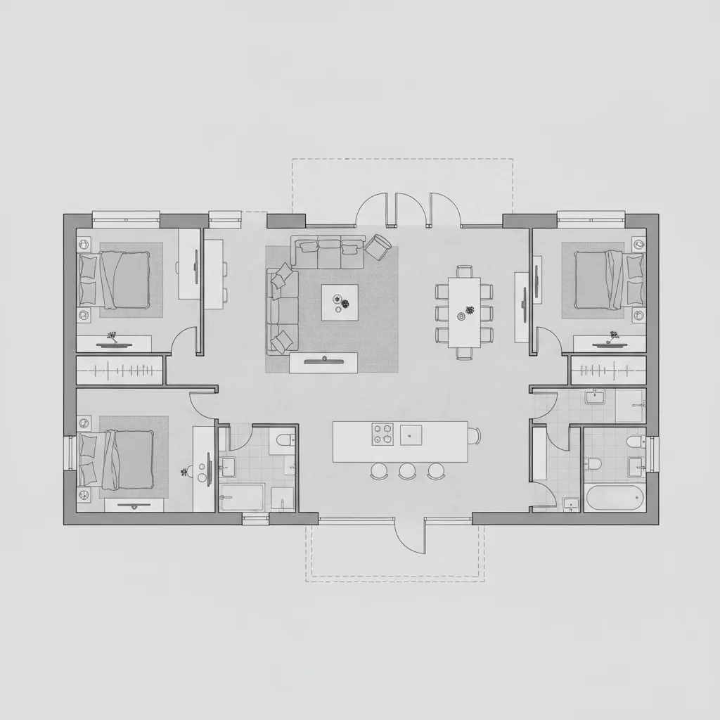 Plano de distribución moderna para una casa de 100m2