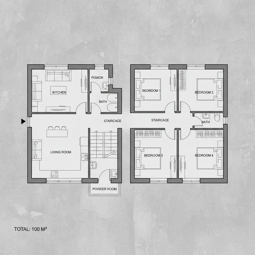 mặt bằng tổng thể nhà 2 tầng 100m2 với 4 phòng ngủ