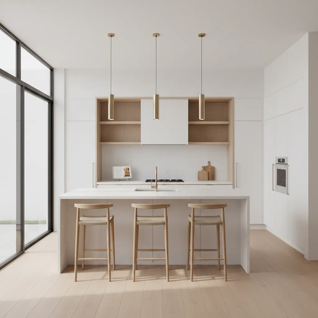 Open concept kitchen with a 10 ft island and four stools