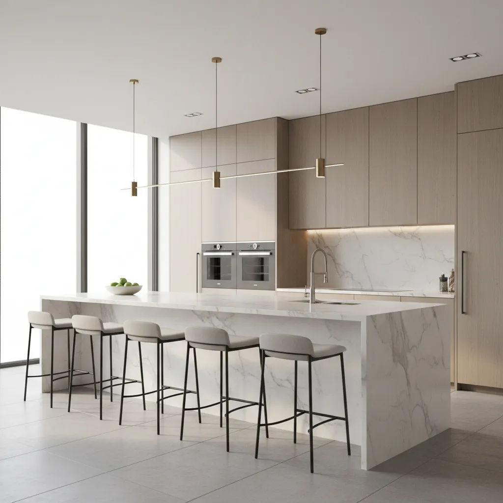 Large modern kitchen showing full length 10 ft kitchen island with seating area