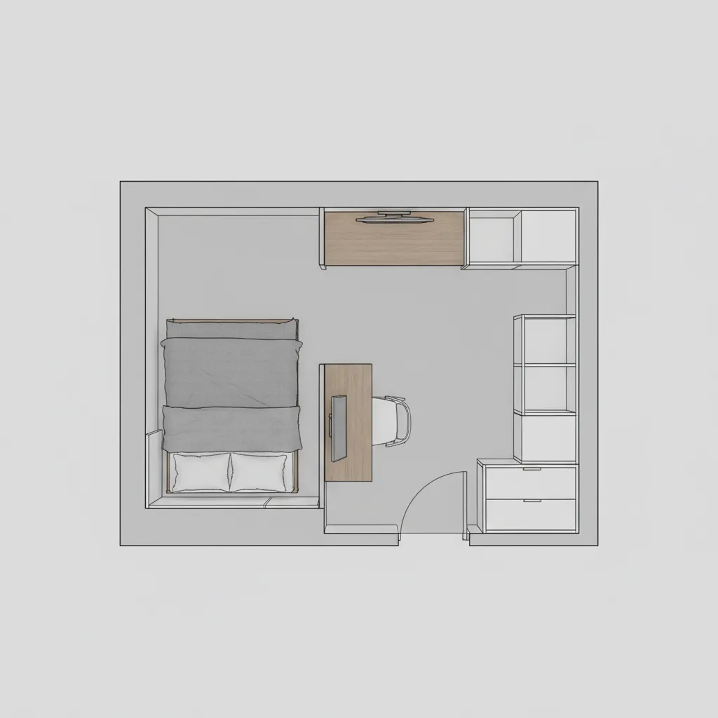 Interior design drawing showing a small bedroom floor plan with bed desk chair and storage