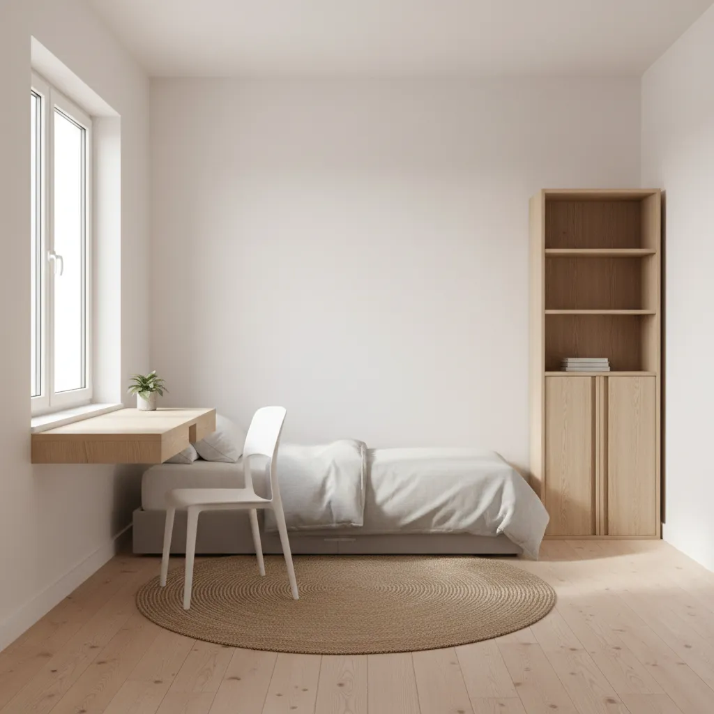Minimalist bedroom with single bed wooden bookcase floating desk white chair and a round rug