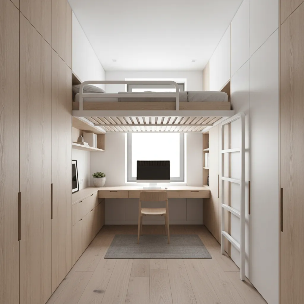 Small modern room with loft bed over wooden desk between tall storage cabinets and window