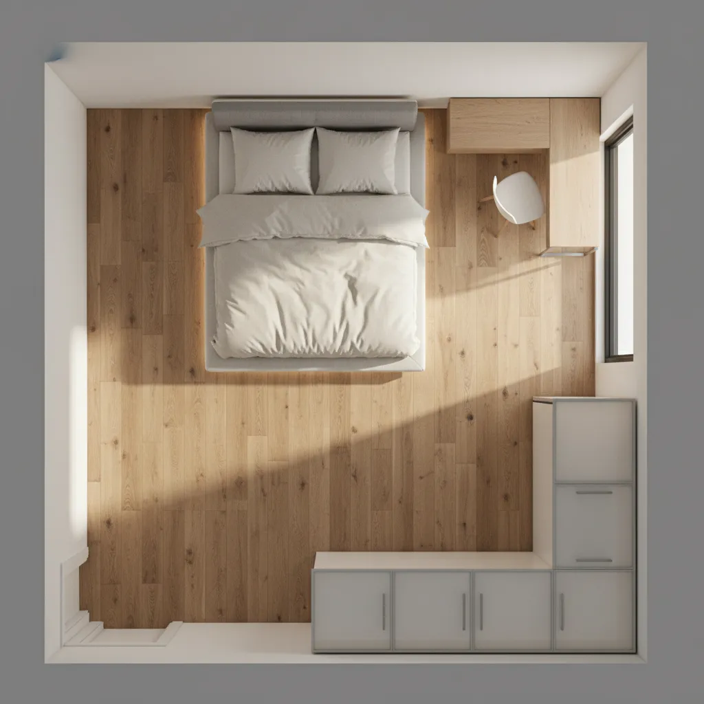 Top view layout plan of a 10x10 bedroom furniture arrangement