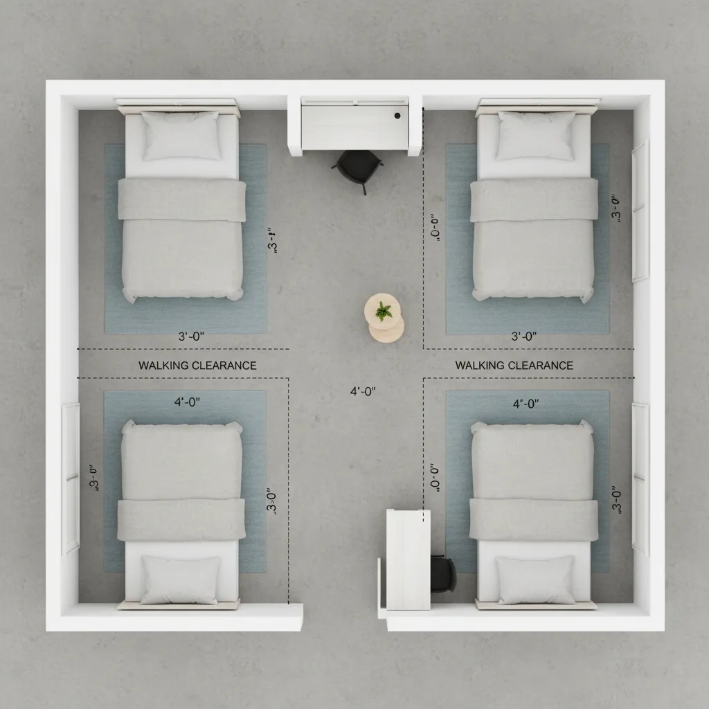 top view layout plan of 10x10 bedroom with two twin beds and walking clearance