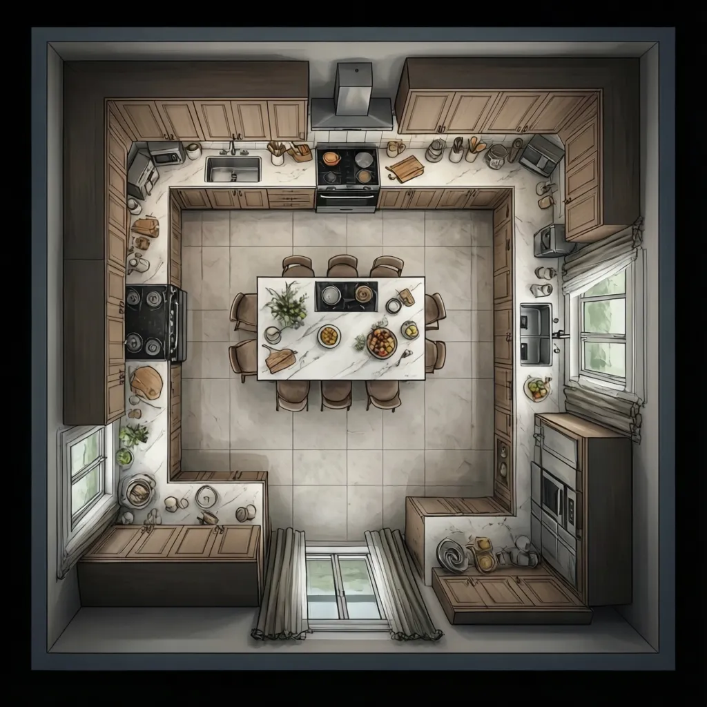 Top view layout of a standard 10x10 kitchen cabinet arrangement used for cost comparison