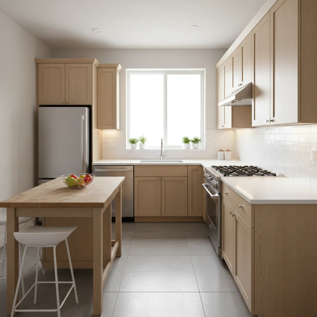Modern kitchen with light wood cabinets white countertops stainless steel appliances small island and bright window