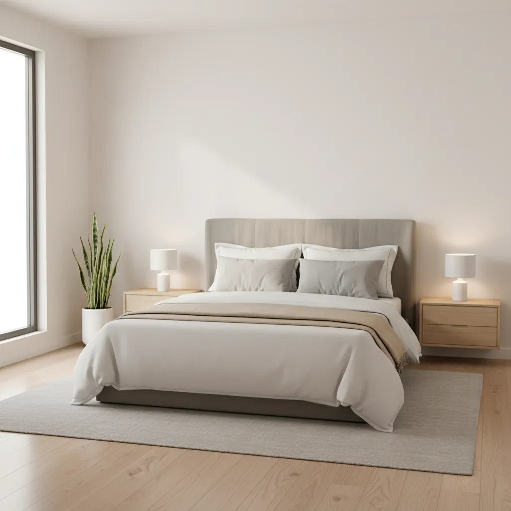 Basic 10x12 bedroom layout with queen bed and minimal furniture