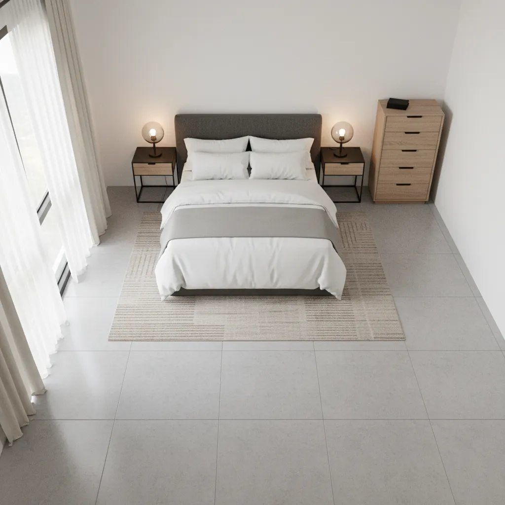 example layout of a 10 by 12 bedroom with queen bed and slim furniture