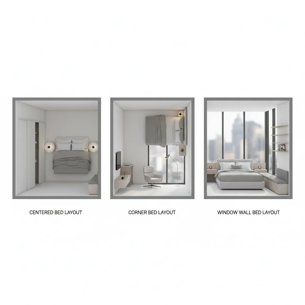 three different 10 x 12 bedroom layout examples with different bed positions