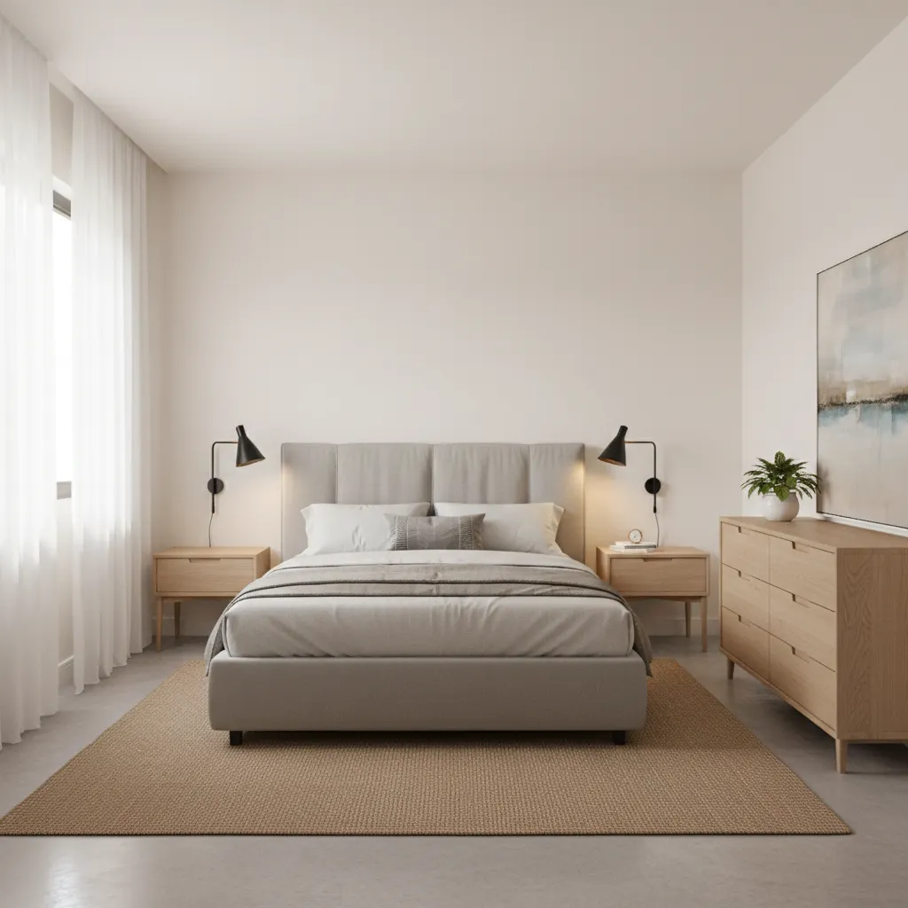 10x12 bedroom layout for couples with centered queen bed and two nightstands