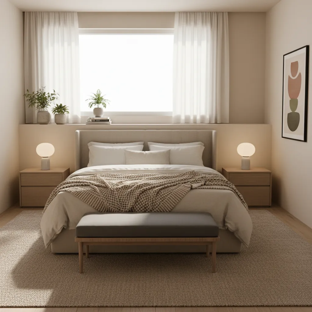 10x12 guest bedroom layout with centered bed and open walking space