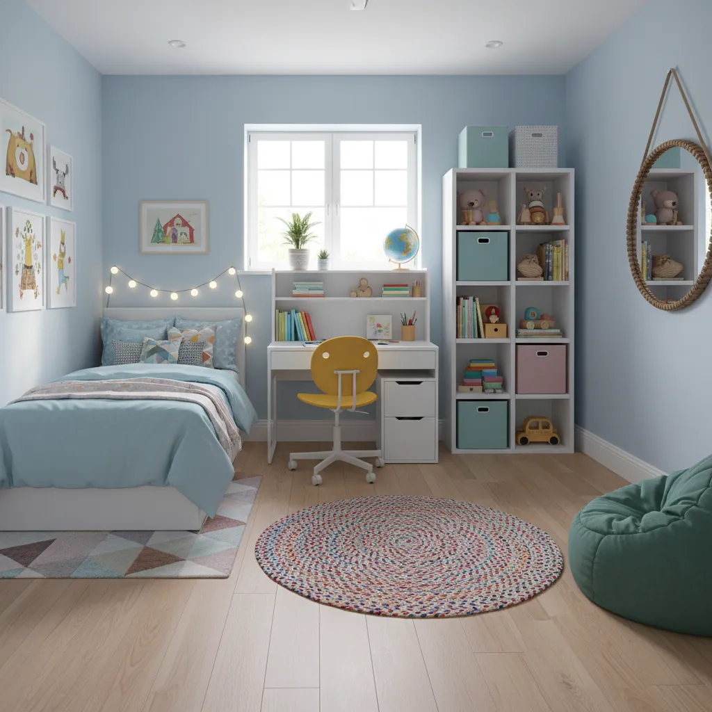 10x12 kids bedroom layout with desk and vertical storage