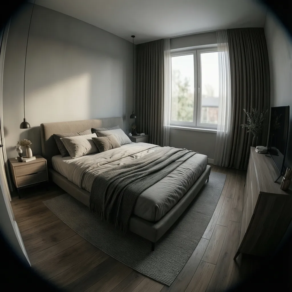 Balanced 10x13 bedroom layout with bed, nightstands and dresser
