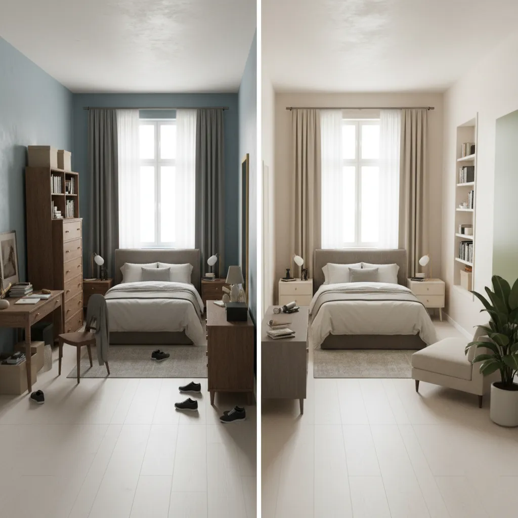 before and after layout comparison of a 10x13 bedroom arrangement