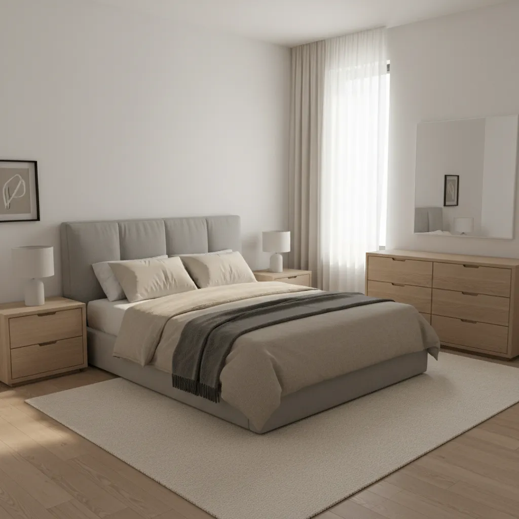 Realistic 10x13 bedroom layout with bed centered on the long wall and balanced furniture