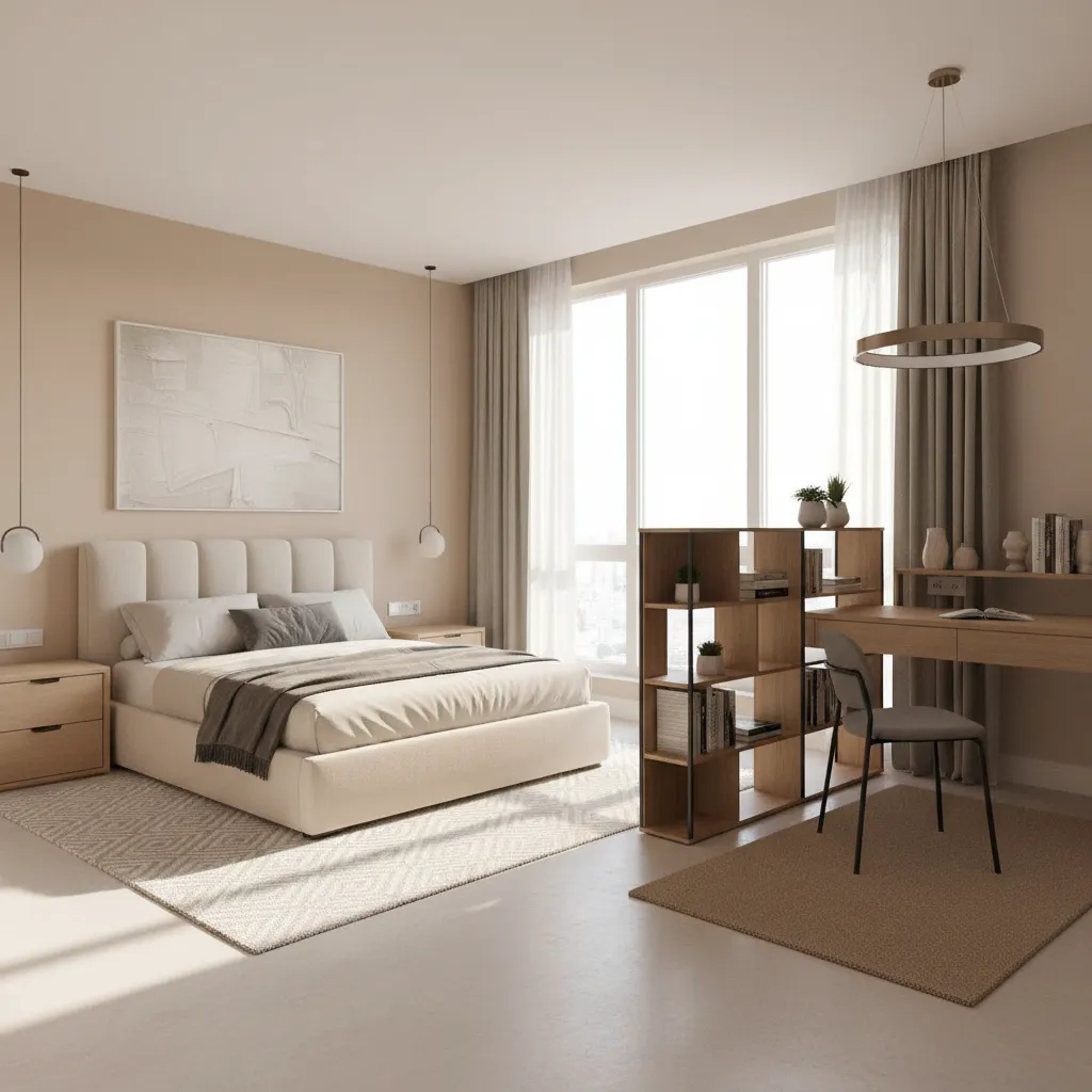 Multi purpose 10x13 room with bed, desk workspace and zoning rug