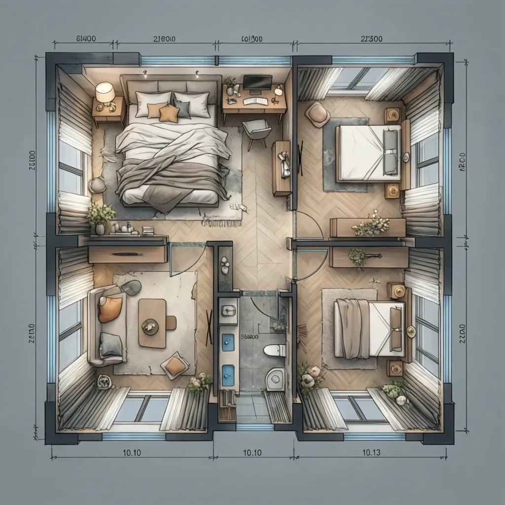 Top view floor plan showing circulation and furniture placement in a 10x13 room