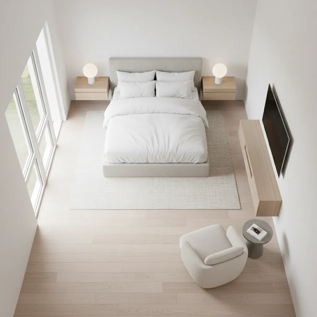 10x13 room layout showing bed placement and circulation path