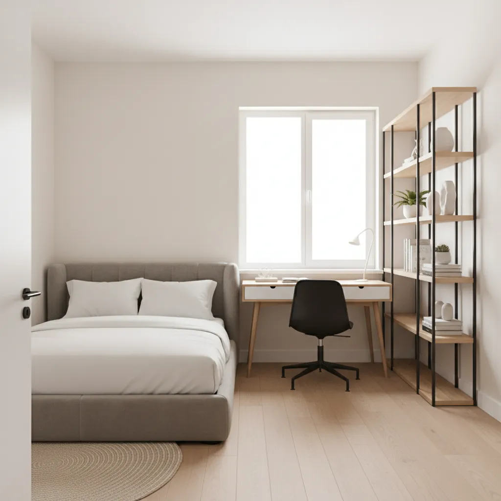 10x13 room zoning layout with sleeping and workspace areas