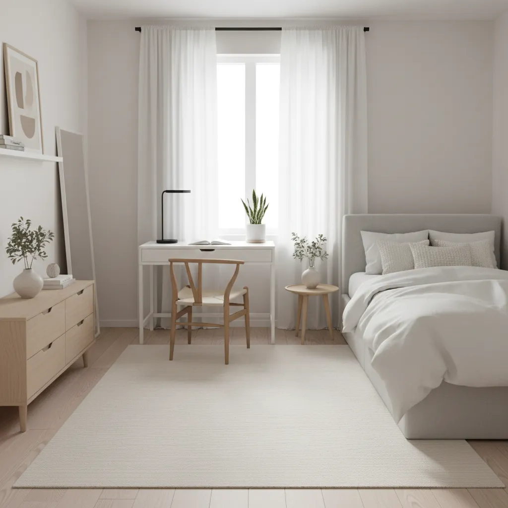 Studio style 10x13 room with corner bed and open central space