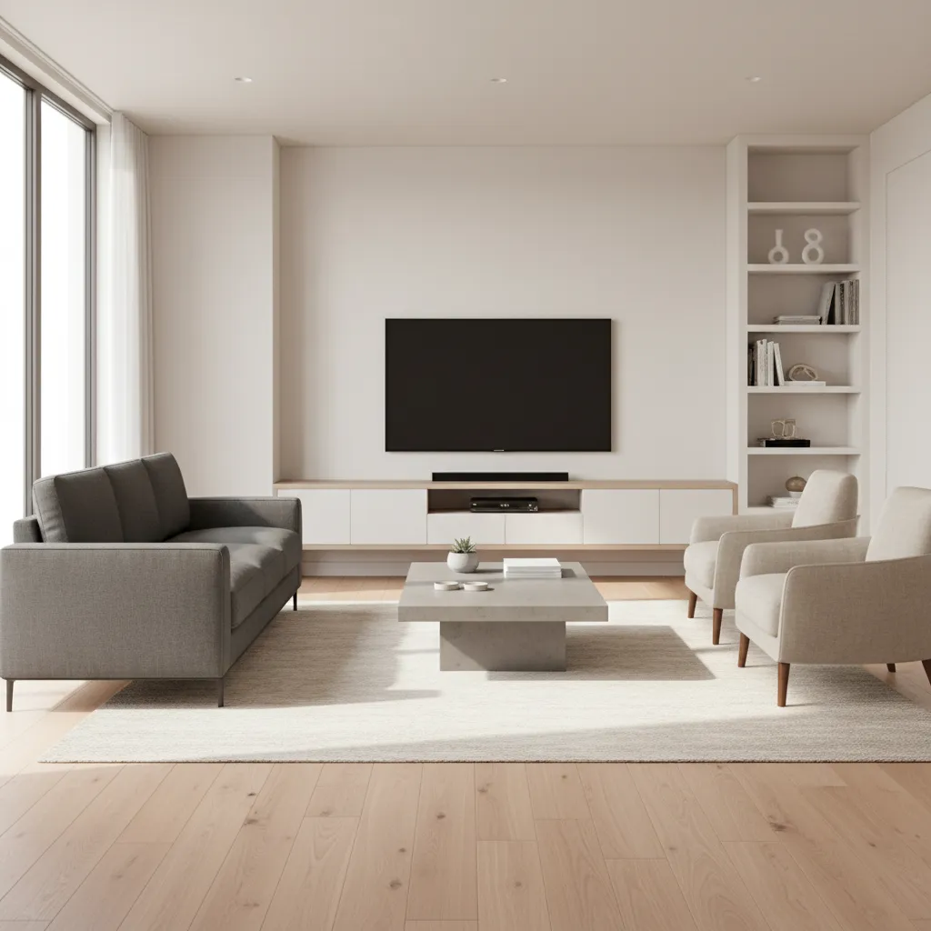 compact 10x14 living room layout with sofa coffee table and TV wall