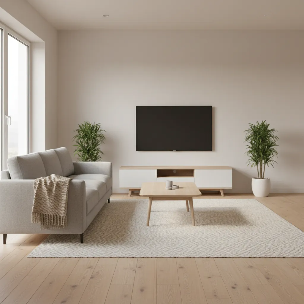 modern 10x14 living room layout overview with balanced seating area