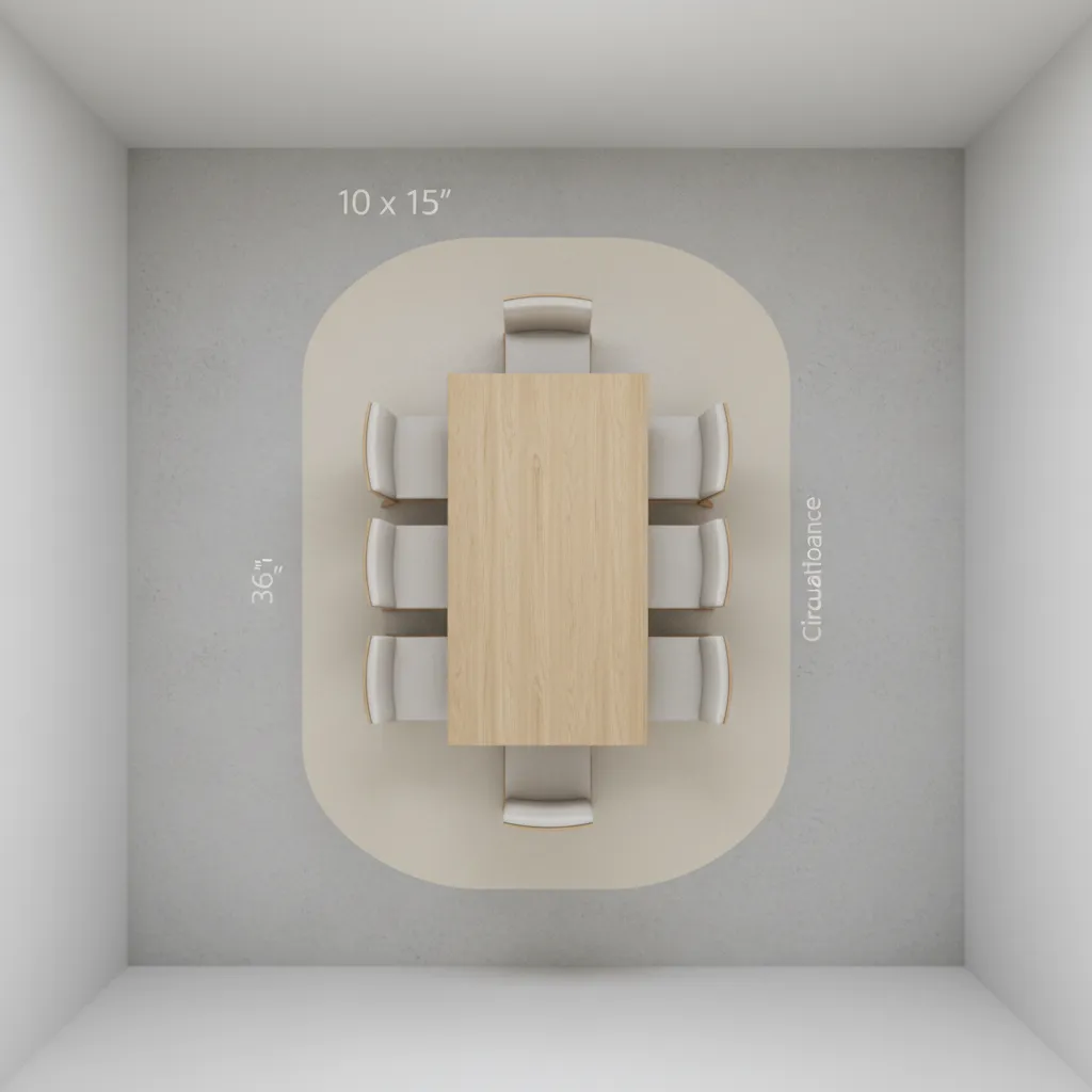 top view layout plan of a 10 x 15 dining room showing circulation space