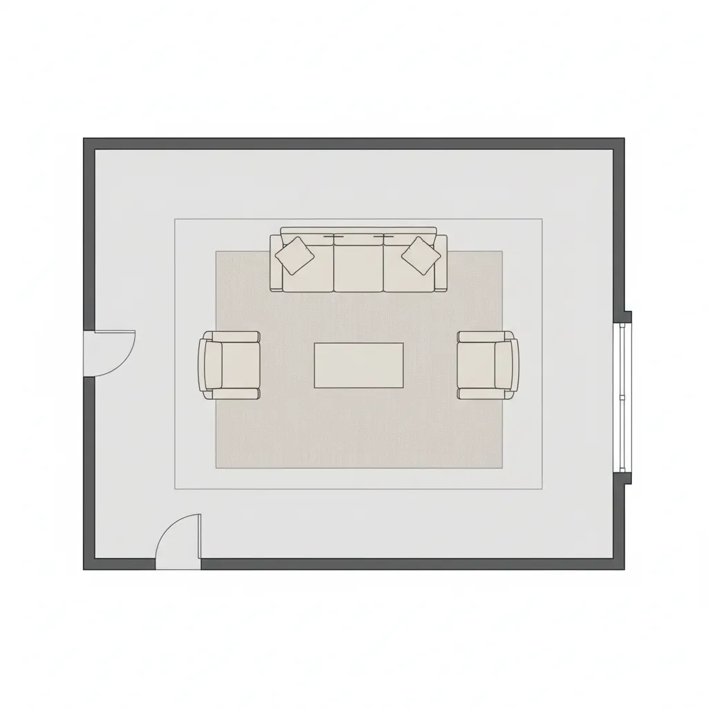 Furniture layout diagram for a 10 x 15 living room floor plan