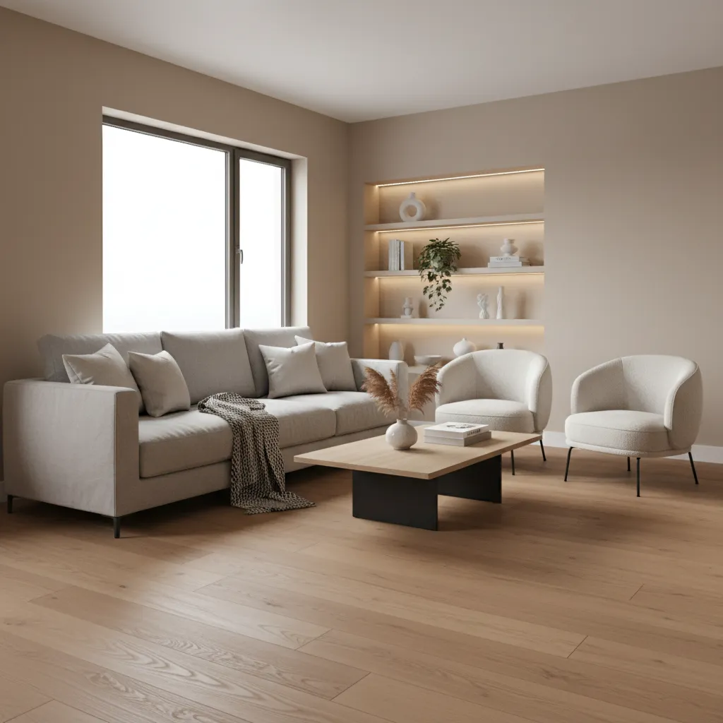 Example layout of a 10 x 15 living room with balanced seating arrangement