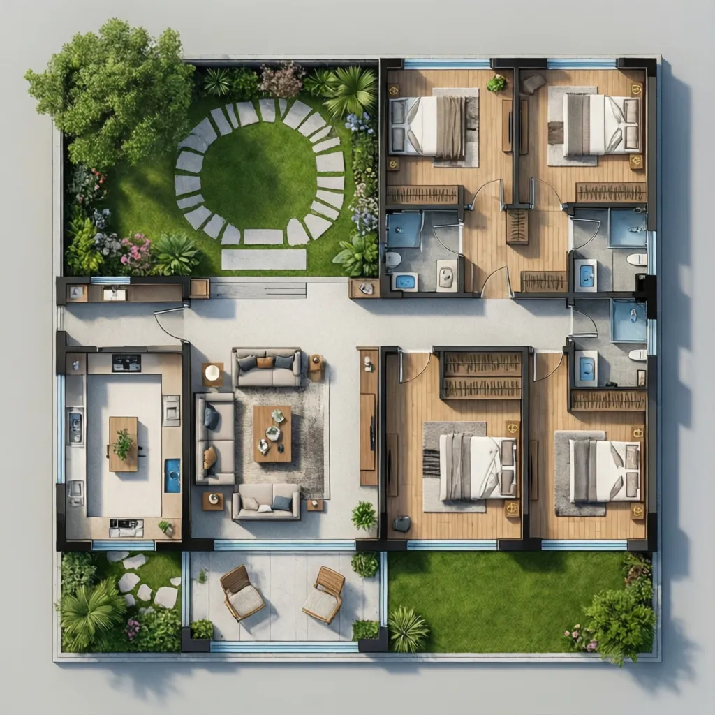 mặt bằng nhà vườn 10x20m với sân trước và sân sau