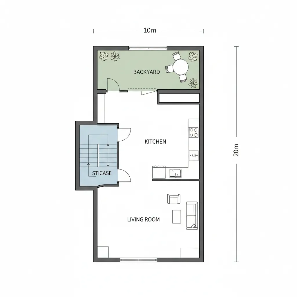 Floor plan zoning example for a 10x20 house layout