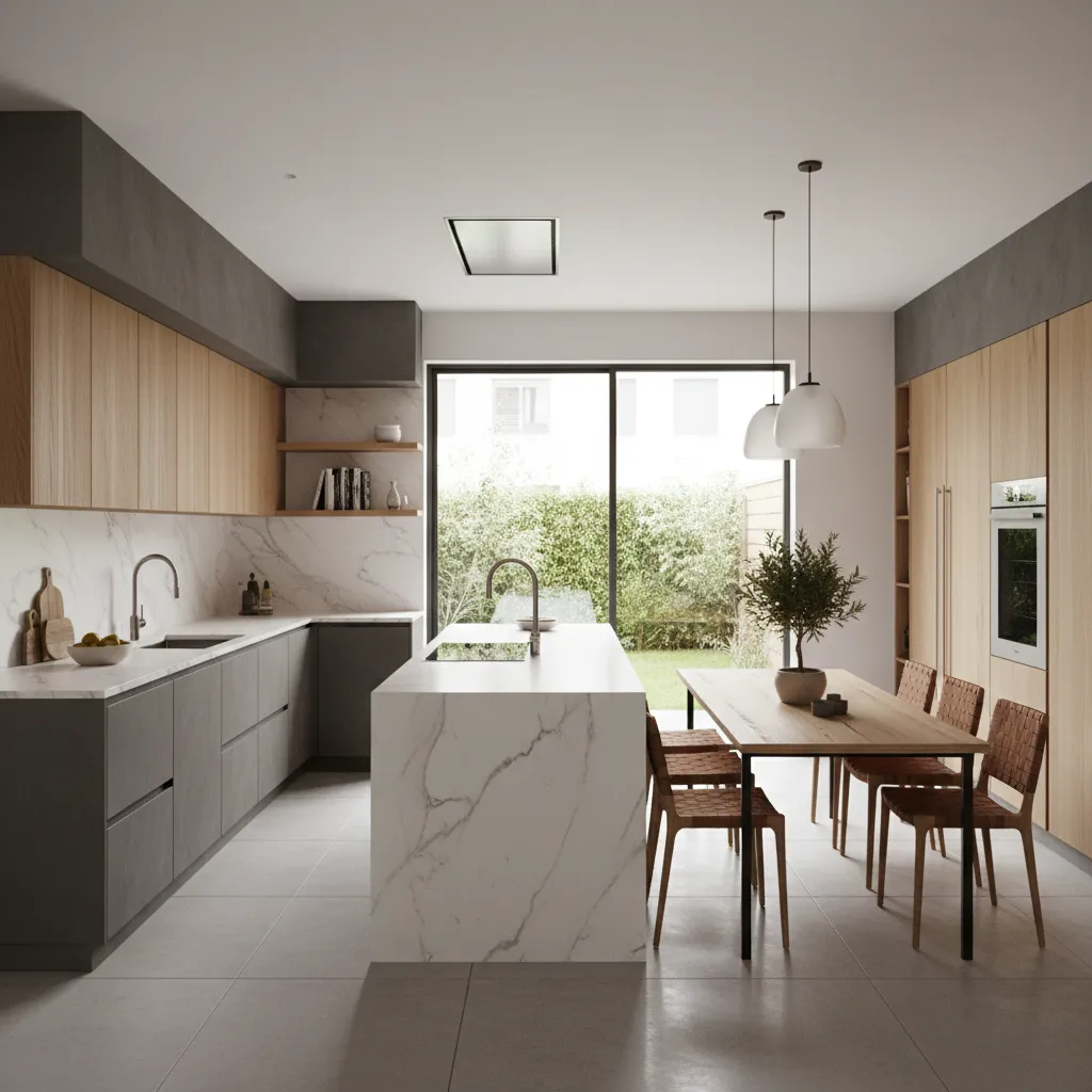 Modern kitchen layout in a 10x20 house with island and dining area