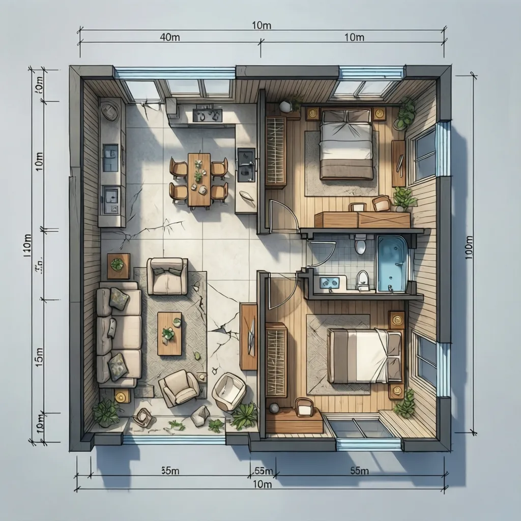 Interior design drawing showing two bedroom apartment floor plan with living room kitchen and dimensions