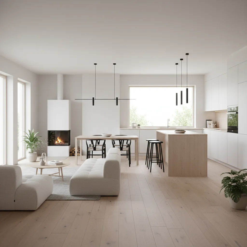 Modern open plan living room with white sofa wood floor fireplace dining table kitchen island