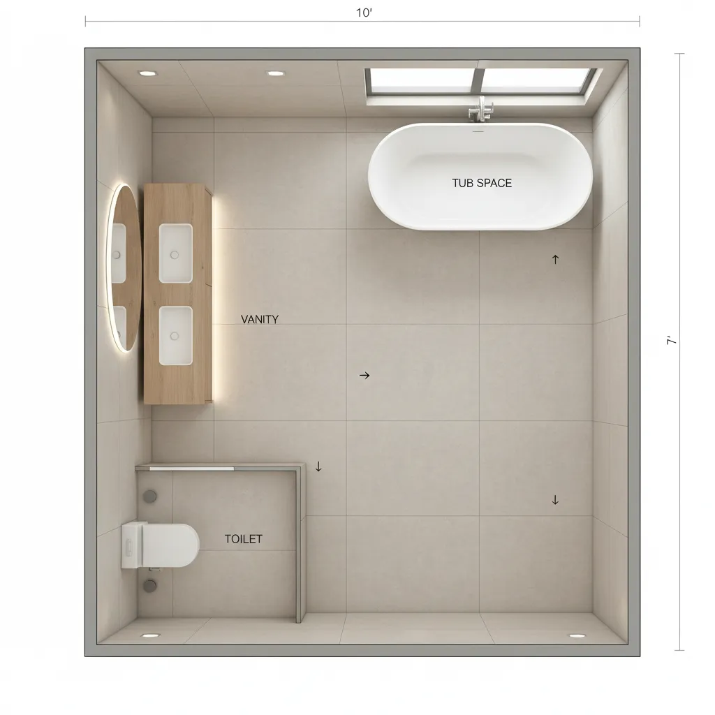 diagram style interior showing spatial planning inside a 10x7 bathroom