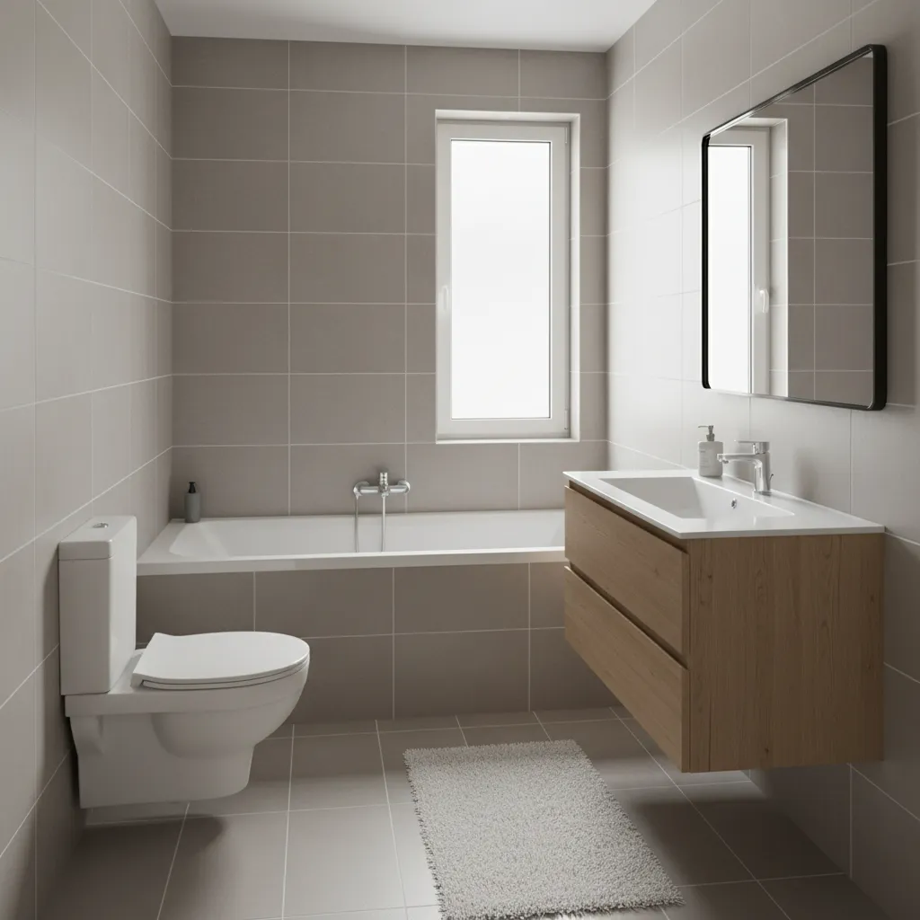 standard bathtub layout in a 10x7 bathroom with vanity and toilet