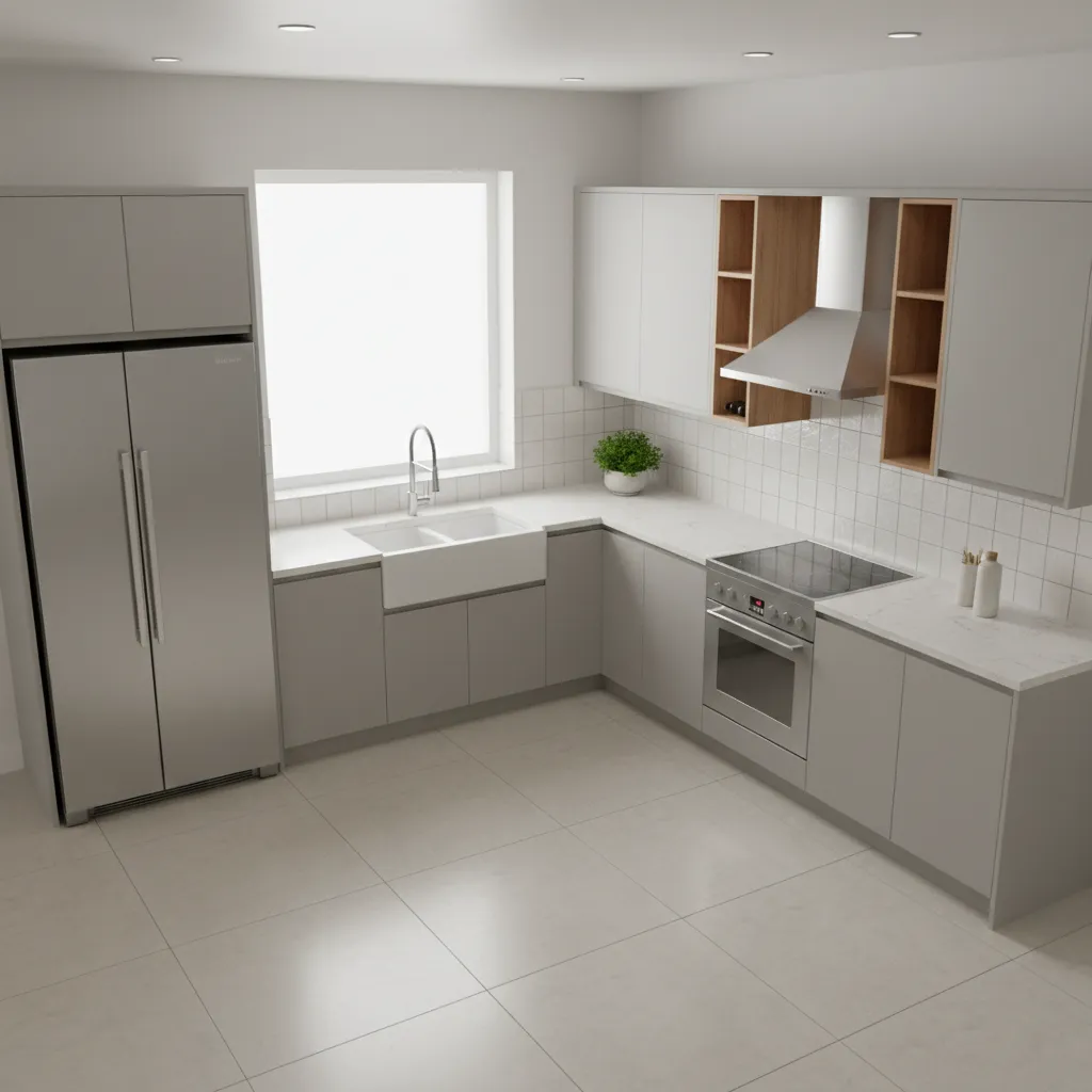 L shaped modular kitchen layout for 10x7 space showing cabinet and appliance placement