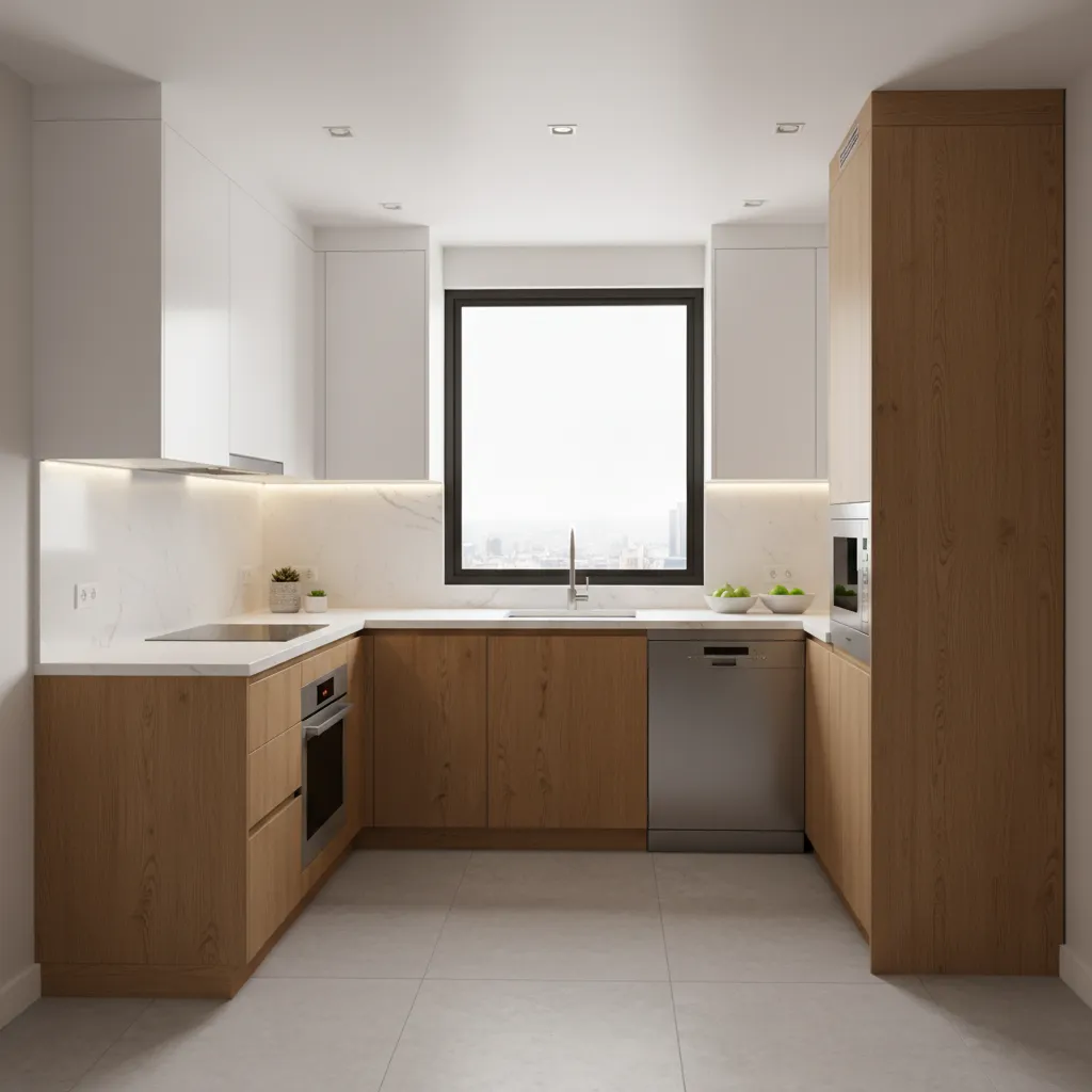 L-shaped modular kitchen layout designed for a compact 10x8 kitchen