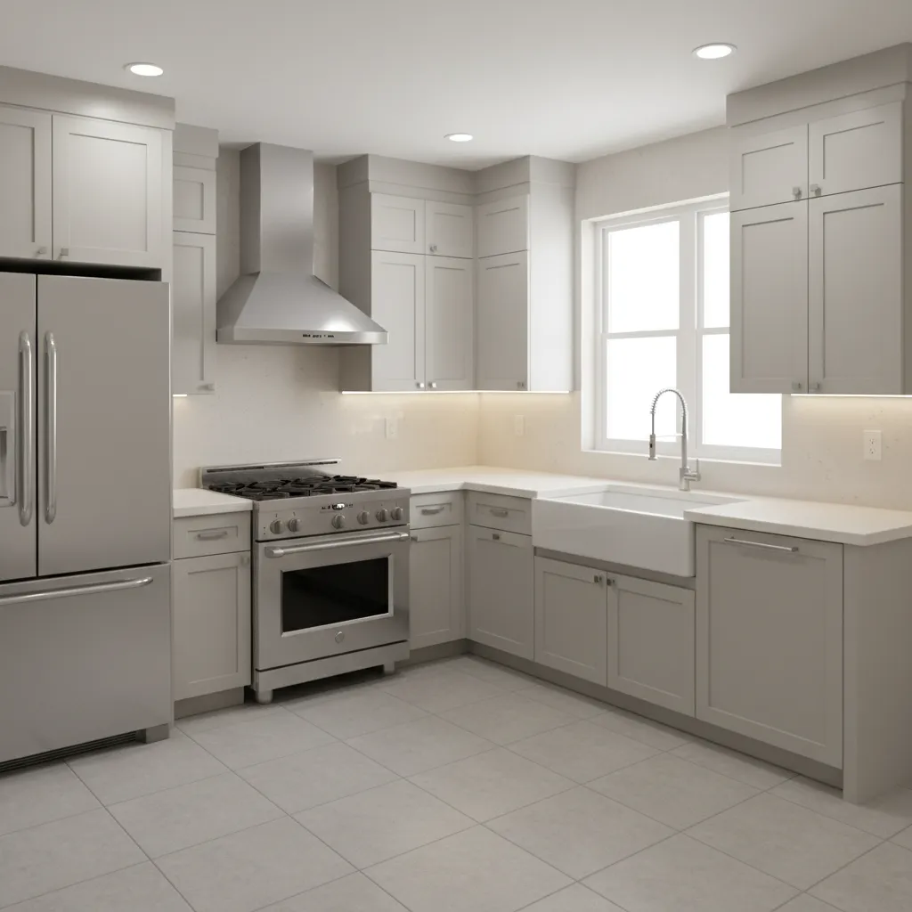 Realistic 11x11 kitchen layout showing cabinets appliances and walkway spacing