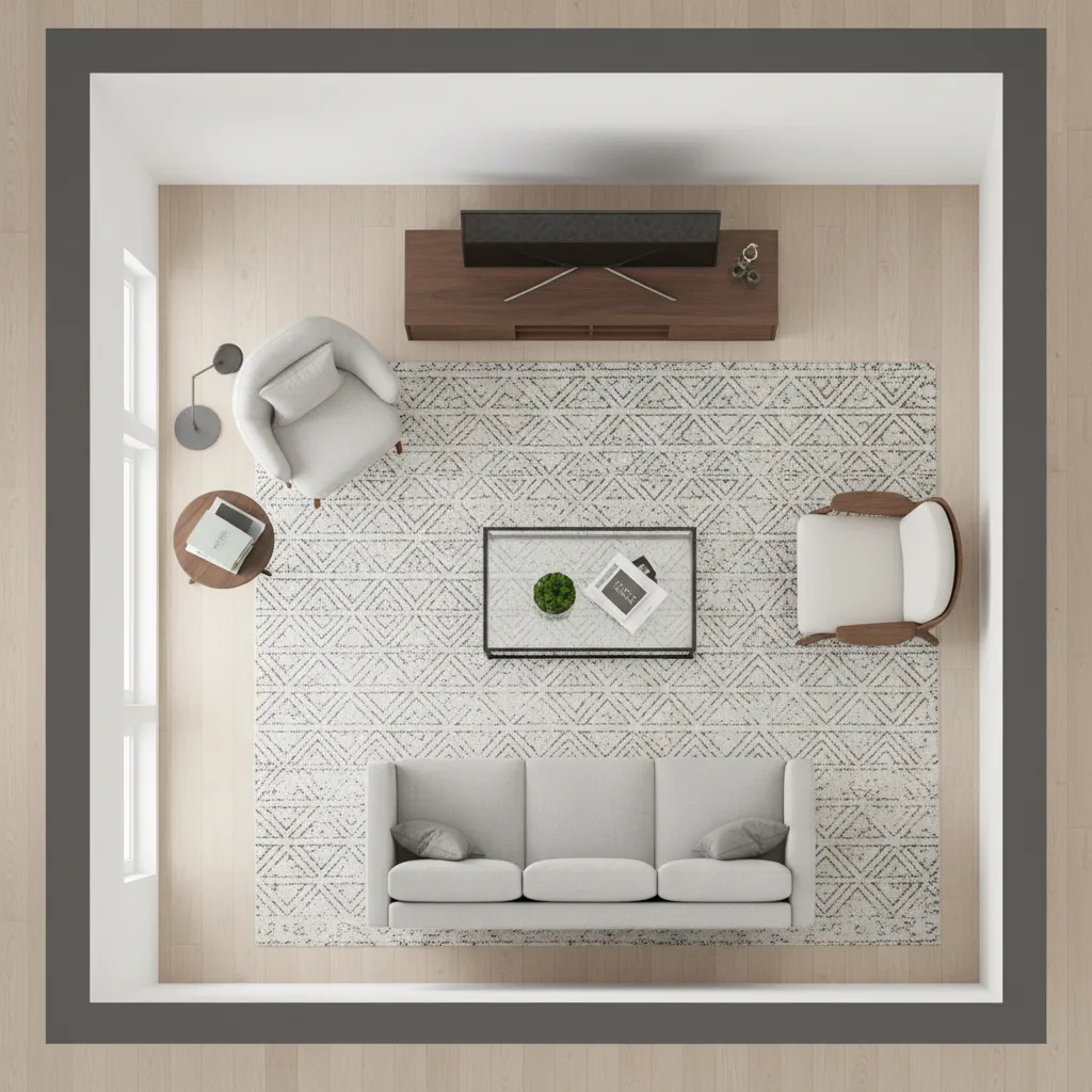 Top view layout plan of an 11x18 rectangular living room with furniture zones