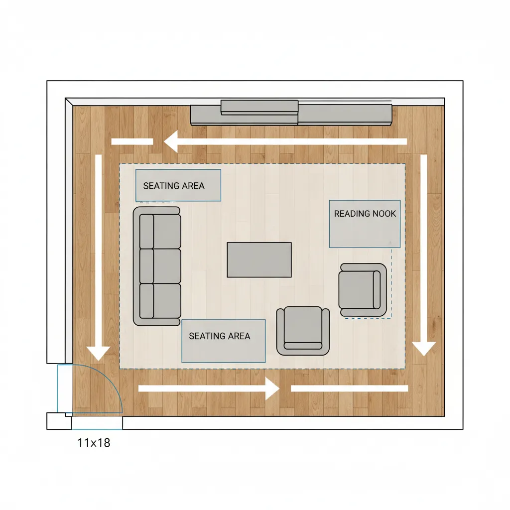 Measured 11x18 living room layout plan with furniture spacing zones