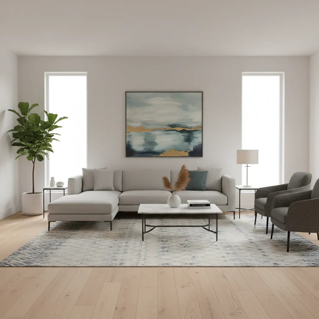 Interior view of an 11x18 living room showing balanced furniture scale and layout
