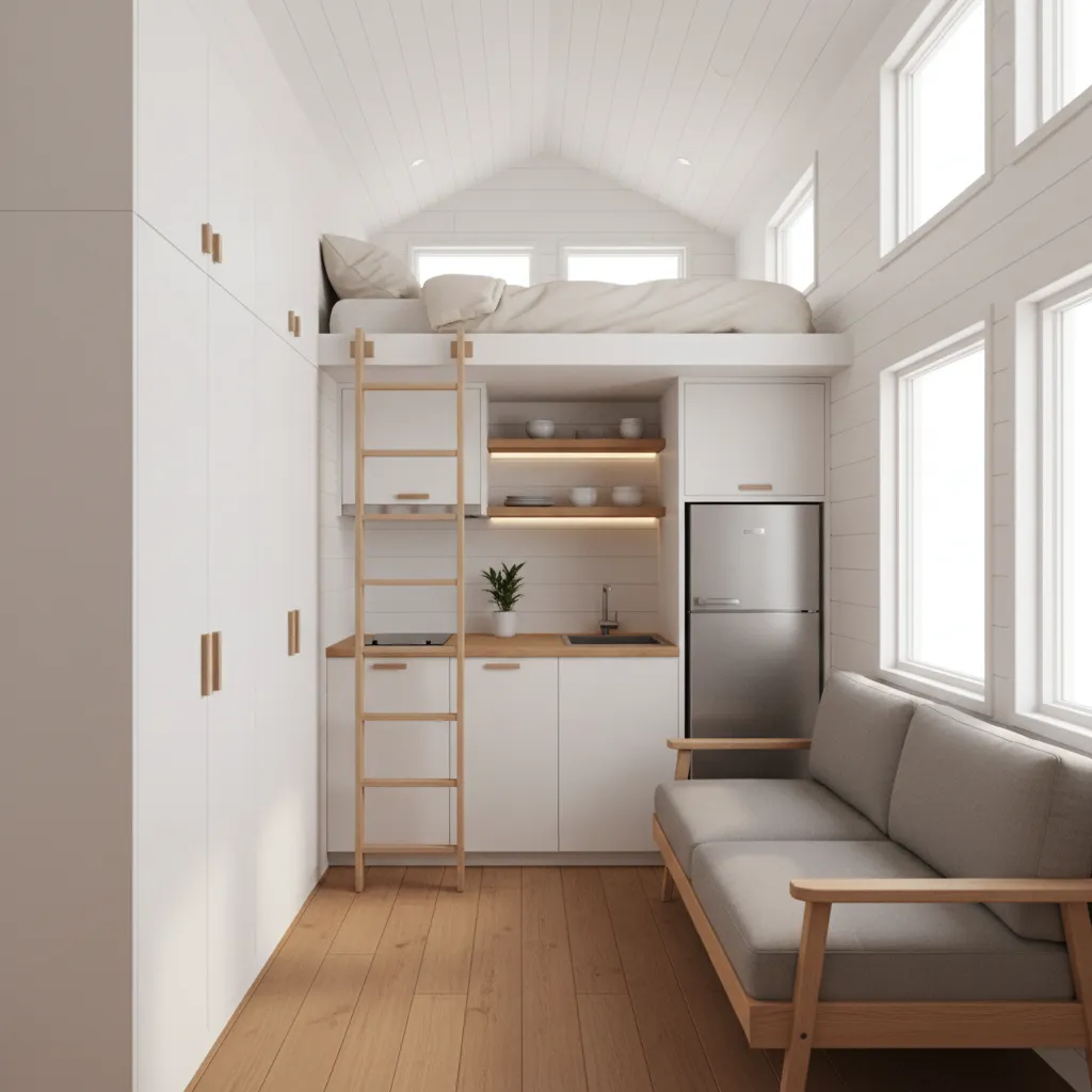 compact 120 sq ft tiny home interior with loft bed kitchenette and storage