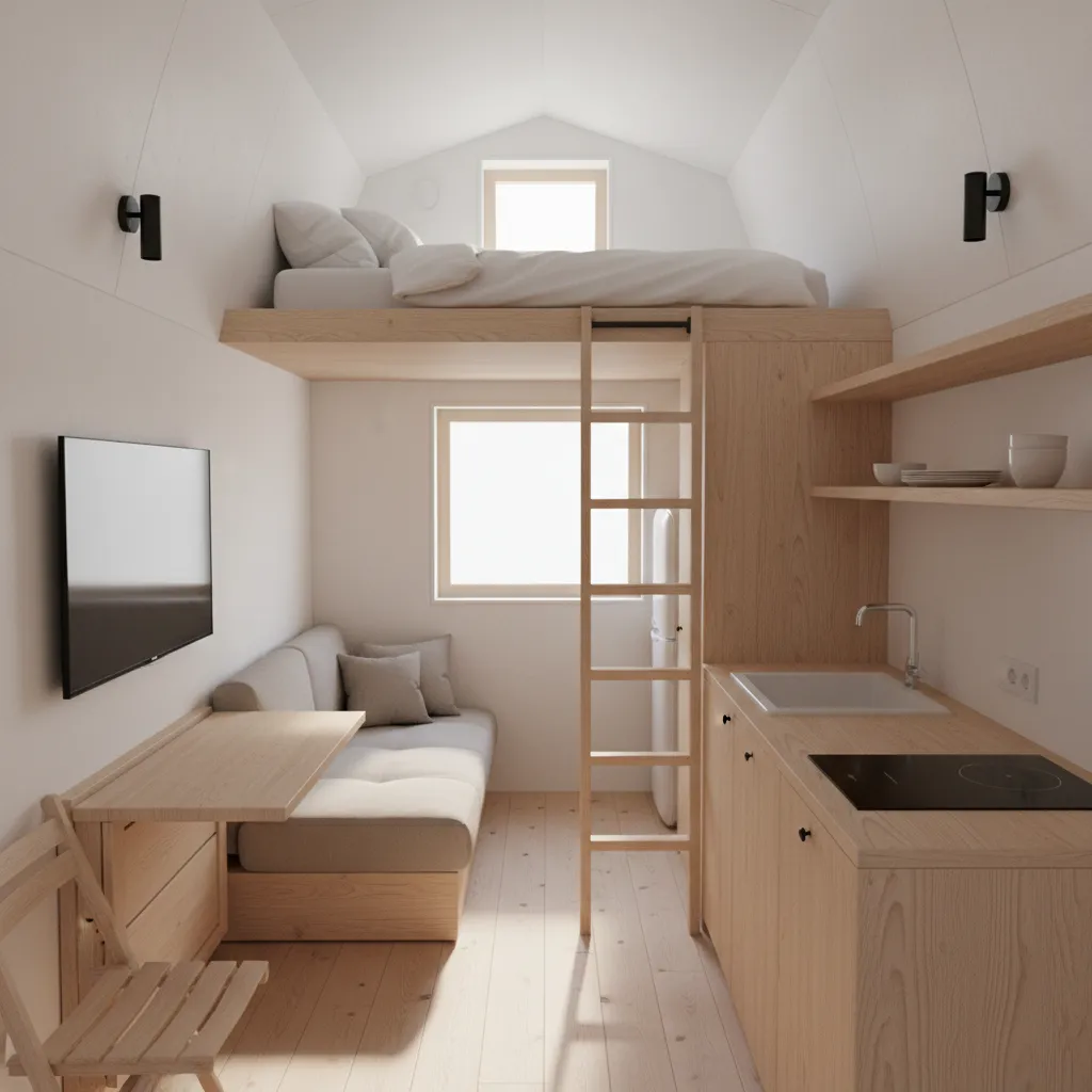 Interior of a 120 sq ft tiny house with loft bed and compact multifunction furniture