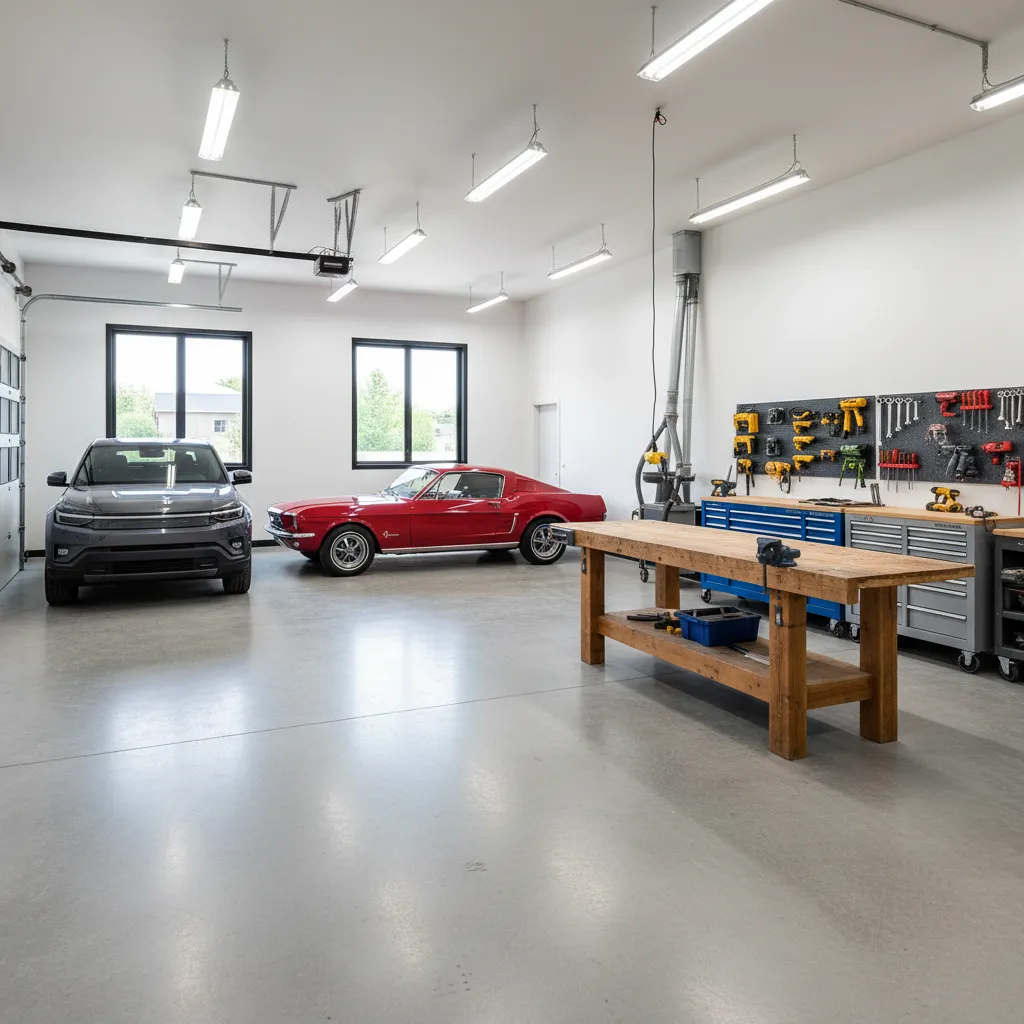 large 1200 sq ft garage with vehicles and workshop equipment
