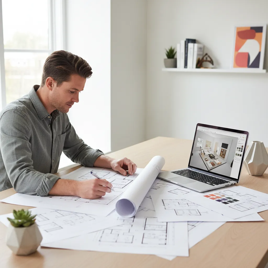 homeowner reviewing renovation floor plan for a 1200 sq ft house